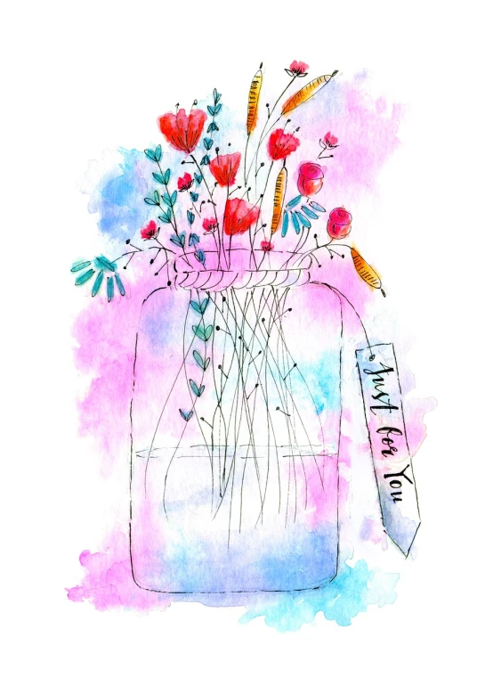 a watercolor painting of a jar filled with flowers, a watercolor painting, inspired by Judy Takács, shutterstock contest winner, process art, jen bartel, it's you and me, mixed media style illustration, greeting card