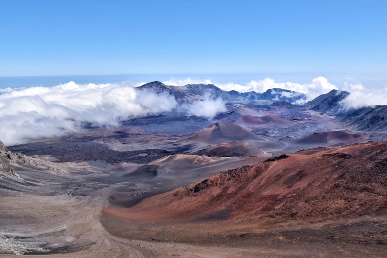 a group of people standing on top of a mountain, a photo, by Adam Manyoki, flickr, hurufiyya, hawaii, realistic photo from nasa, banner, red sand