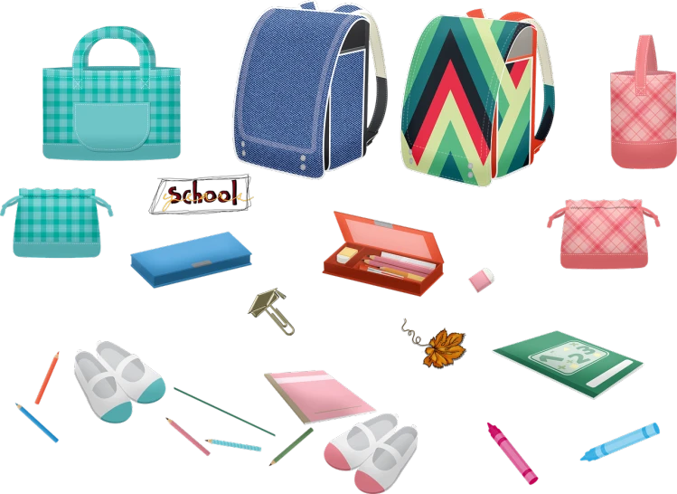 a bunch of different items on a black background, by Siona Shimshi, trending on pixabay, digital art, school bag, the sims 4 texture, kid, no gradients