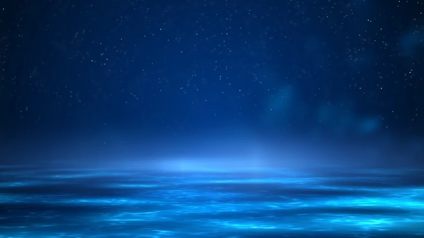 a blue ocean at night with stars in the sky, digital art, shutterstock, uniform background, background image, water fog, blue liquid and snow