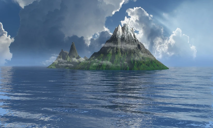 an island in the middle of a body of water, a matte painting, mountains and oceans, trending on mentalray, two mountains in background, a photo of the ocean