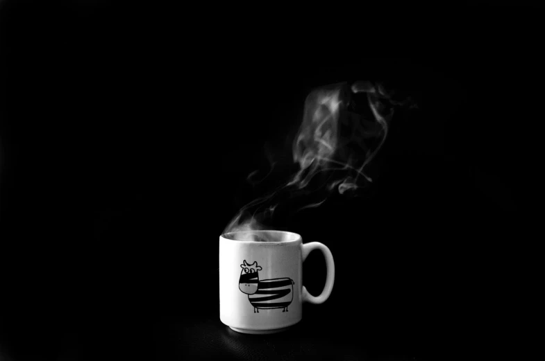 a coffee cup with smoke coming out of it, a black and white photo, by Bernardino Mei, pixabay, minimalism, a cat, twilight zone background, mcbess, arabica style