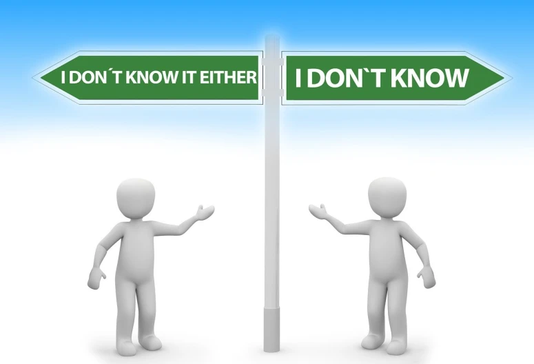 a person standing next to a sign that says don't know it either, by Joseph Henderson, pixabay, conceptual art, two still figures facing camera, left right front back, without background, think in 3 d