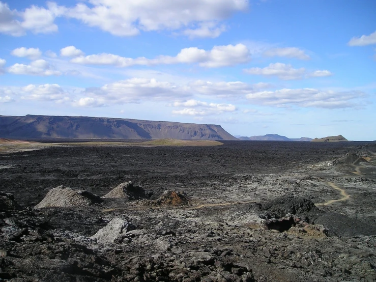 a dirt field with a mountain in the background, by Hallsteinn Sigurðsson, flickr, lava!!!, on flickr in 2 0 0 3, shell craters, alien forest in background