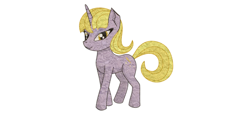 a close up of a cartoon pony on a black background, inspired by Luma Rouge, trending on deviantart, gemini gold cloth, !!! very coherent!!! vector art, on a gray background, purple and gold color scheme