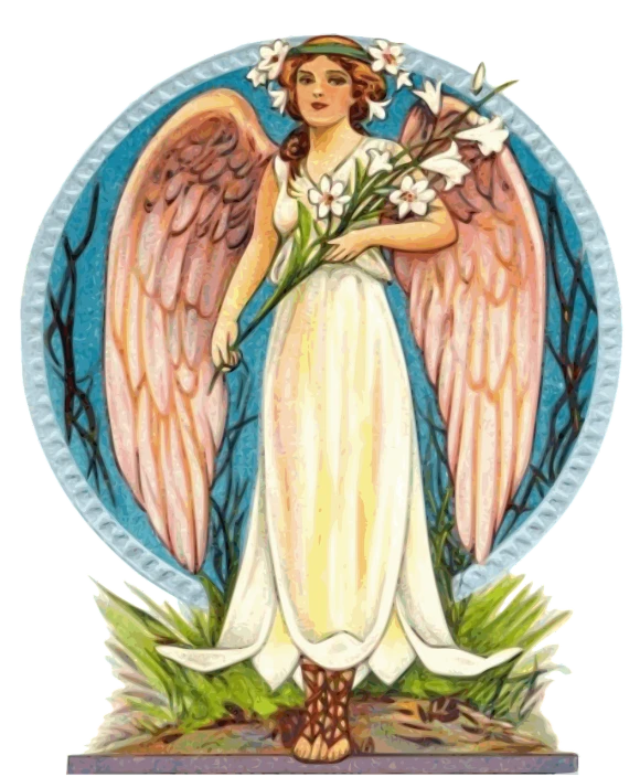 an angel holding a bouquet of flowers, inspired by Walter Crane, art nouveau, full front view, detailed color scan”, full - view, nurse