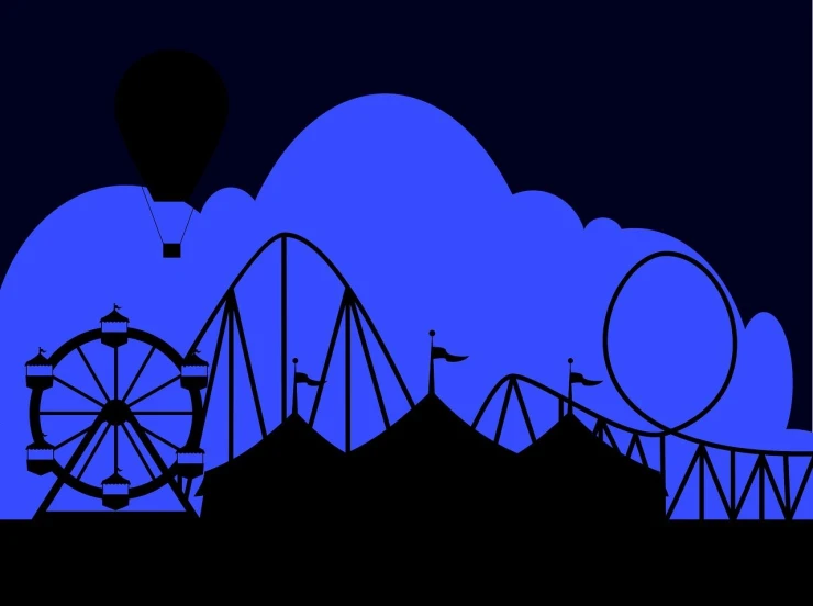 an amusement park at night with a hot air balloon in the sky, an illustration of, inspired by The Family Circus, trending on pixabay, abstract illusionism, blue and black color scheme)), outlined silhouettes, roller coasters, banner