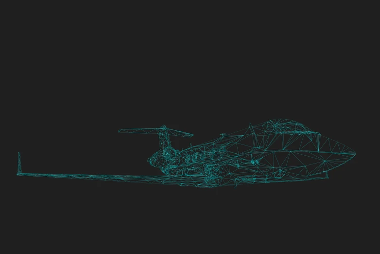 a large jetliner sitting on top of an airport runway, by Richard Carline, polycount, digital art, thin line art, on black background, cyan, helicopter drones