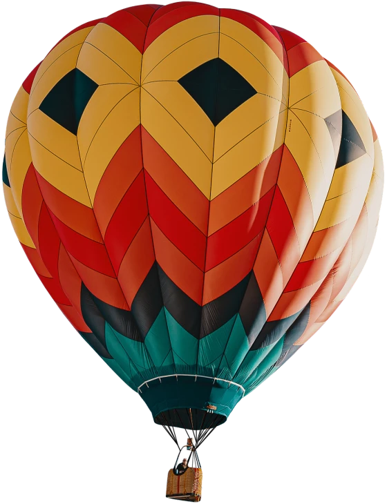 a colorful hot air balloon flying in the sky, a colorized photo, by Dave Melvin, pexels contest winner, arabesque, in front of a black background, rich geometry, full length shot, morning glow