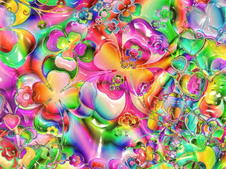 a bunch of colorful balloons floating on top of each other, a raytraced image, inspired by Lisa Frank, psychedelic art, beautiful flowers and crystals, neon floral pattern, full of colour 8-w 1024, dressed in colorful silk