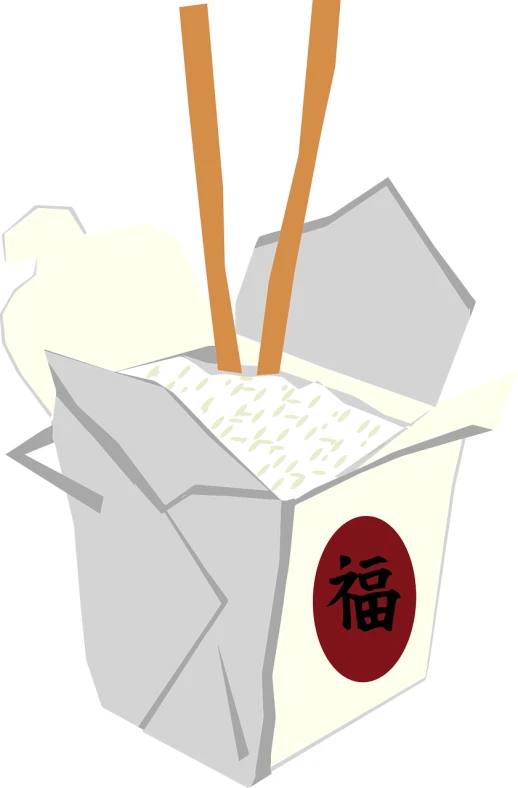 a chinese take out box with chopsticks sticking out of it, inspired by Masamitsu Ōta, pixabay, sōsaku hanga, animation, white, cheongsam, rice