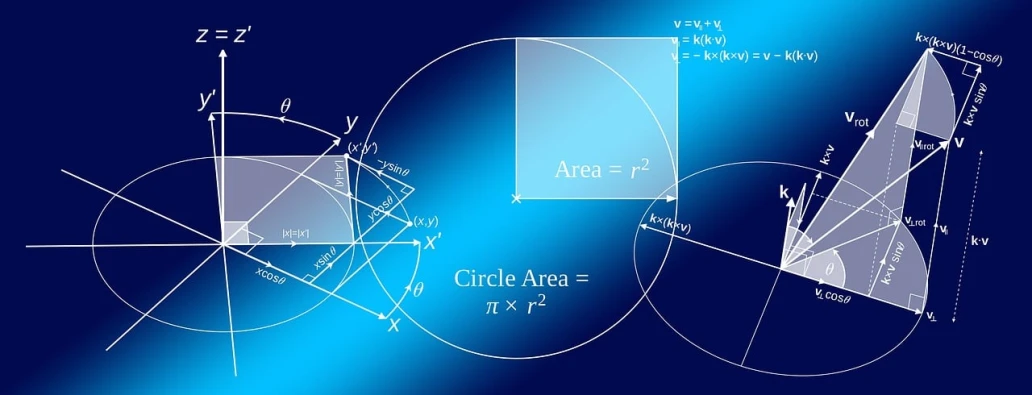 a drawing of a circle and a rectangle on a blue background, pixabay, digital art, formulas, algebra, ( land ), curve