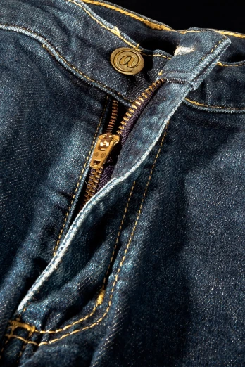 a close up of a pair of jeans with a zipper, a macro photograph, by Etienne Delessert, renaissance, highly detailed product photo, gold details, packshot, working clothes