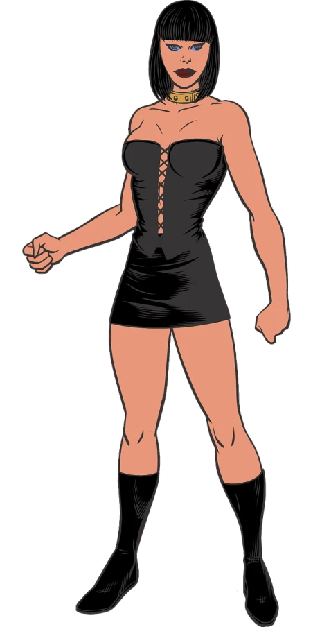 a woman in a black dress and boots, a digital rendering, inspired by Asaf Hanuka, deviantart, she is wearing a black tank top, betty cooper, full body frontal view, detailed body