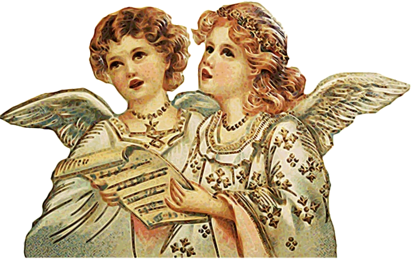 a couple of angels standing next to each other, an album cover, inspired by joseph christian leyendecker, trending on pixabay, detail, choir, graphic 4 5, cute girls