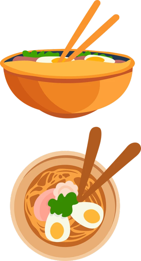 a bowl of noodles and an egg with chopsticks, a digital rendering, trending on pixabay, sōsaku hanga, (a bowl of fruit)!!!!!!!!!, flat color, busy night, salmon