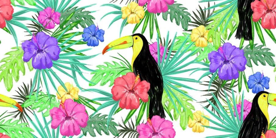 a pattern of tropical birds and flowers on a white background, an illustration of, inspired by Max Buri, process art, mage robe based on a toucan, 4 k hd wallpaper illustration, palm, very cute