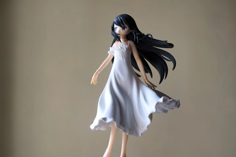 a figurine of a woman in a white dress, by Jin Homura, flickr, figuration libre, long wavy black hair, anime vtuber full body model, k-on, noire photo