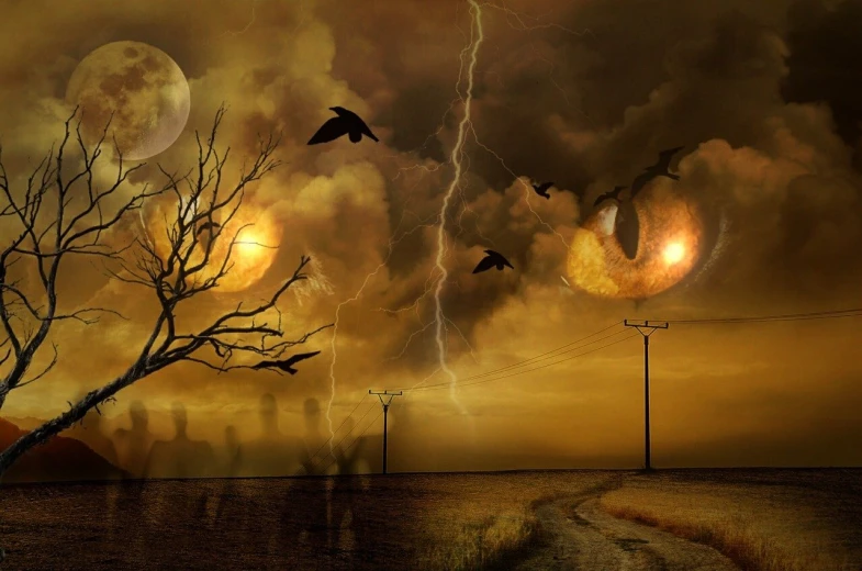 a group of birds that are flying in the sky, by Zoran Mušič, trending on pixabay, digital art, scary thunderstorm, two moons lighting, people running in fear, dark orange night sky