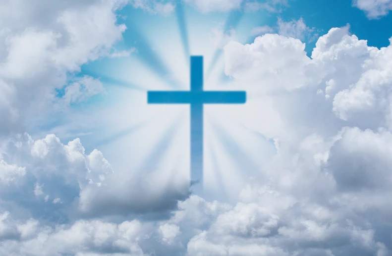 a cross in the middle of a cloudy sky, shutterstock, art deco, bright sunny day, surrounded in clouds and light, listing image, above side view