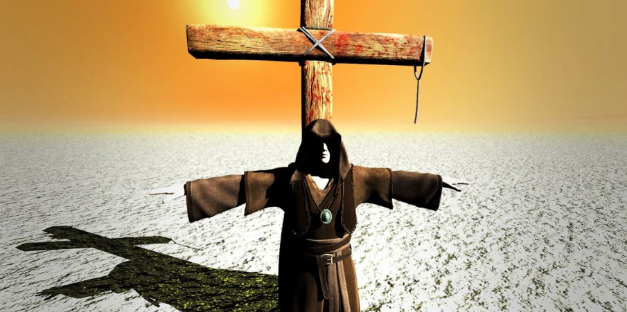 a man that is standing in front of a cross, a digital rendering, inspired by Petrus Christus, zbrush central contest winner, unilalianism, an evil nun, trending on mentalray, praise the sun, with a wooden stuff