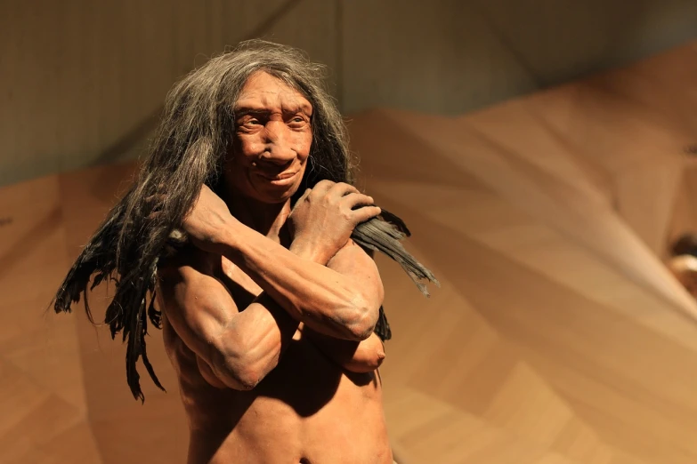 a statue of a man with a bird on his shoulder, neo-primitivism, neanderthal people eating sushi, she is about 6 0 years old, very realistic looking, chilean