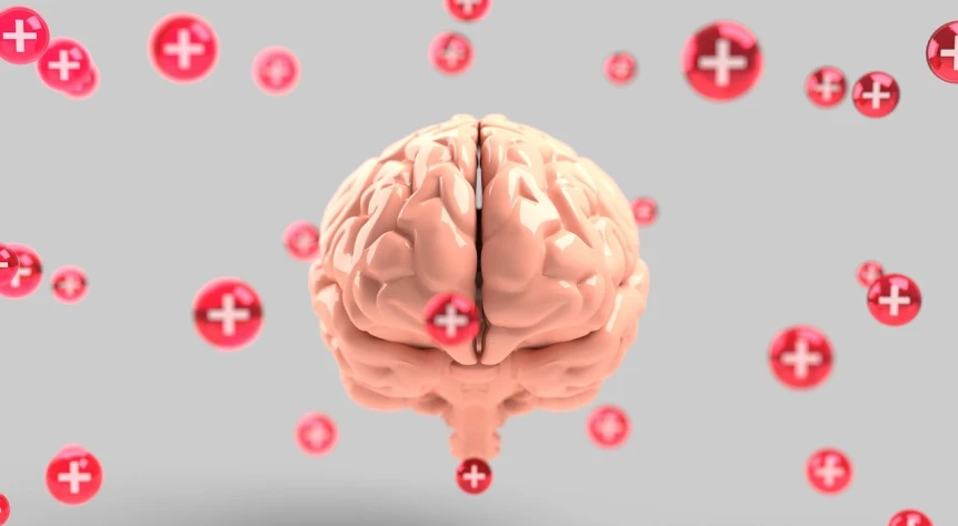 an image of a brain surrounded by buttons, shutterstock, red realistic 3 d render, featuring pink brains, background focus, addiction