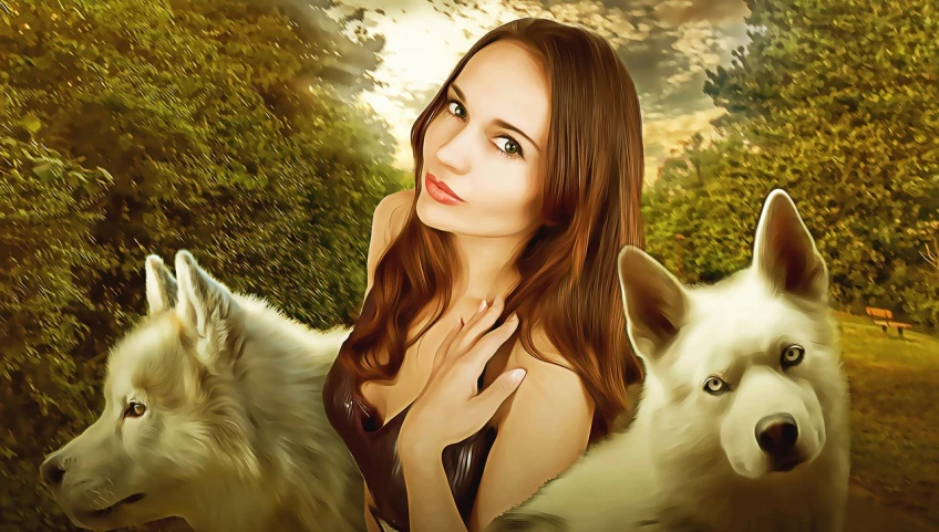 a woman standing next to two white dogs, a digital painting, trending on pixabay, fantasy art, portrait of megan fox, young woman with lynx head, very realistic painting effect, portrait of forest gog