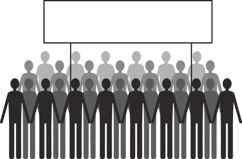 a group of people standing in front of a sign, a cartoon, pixabay, gray color, black!!!!! background, in rows, clipart