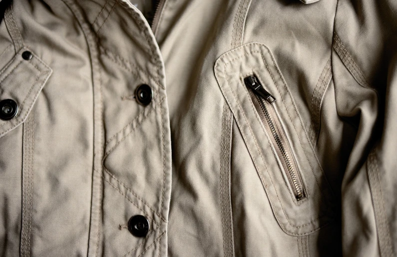 a close up of a jacket on a mannequin mannequin mannequin mannequin mannequin mannequin manne, a macro photograph, by Christen Købke, flickr, trench coat with many pockets, an aviator jacket and jorts, cream, high texture detail)