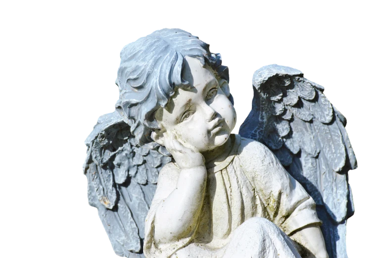 a close up of a statue of an angel, by Marie Angel, pixabay, young child, haunted and sad expression, avatar image, angle view