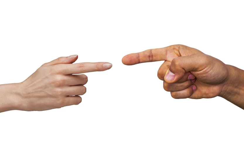 a close up of two hands pointing at each other, with index finger, different sizes, without background, promo image