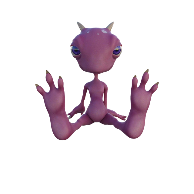 a purple alien sitting on top of a black surface, inspired by Pinchus Kremegne, zbrush central contest winner, humanoid pink female squid girl, complete body view, spyro, symmetrical fullbody rendering