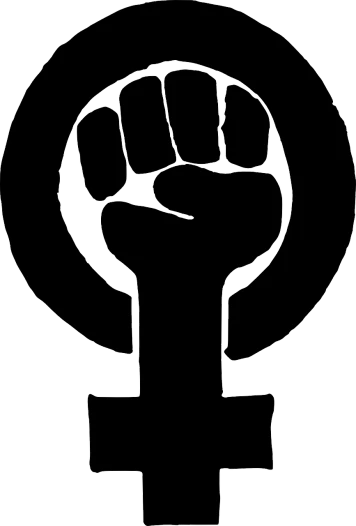 a black and white image of a female symbol, feminist art, one fist raised high in triumph, quest marker, logo without text, man engine