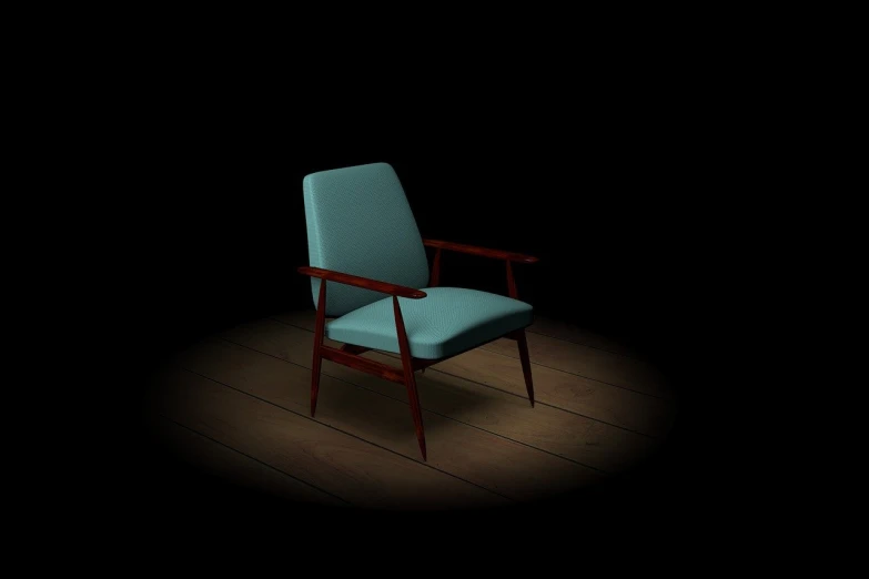 a blue chair sitting on top of a wooden floor, a 3D render, polycount contest winner, in front of a black background, mid century modern cartoon style, realistic picture, old fashion