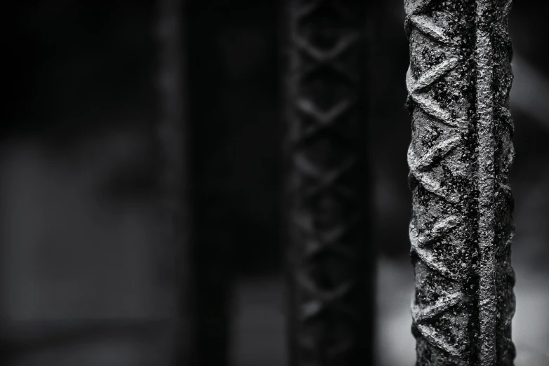 a black and white photo of a metal fence, a portrait, by Adam Marczyński, unsplash, pillars of ice background, closeup 4k, rope, intricate dark background