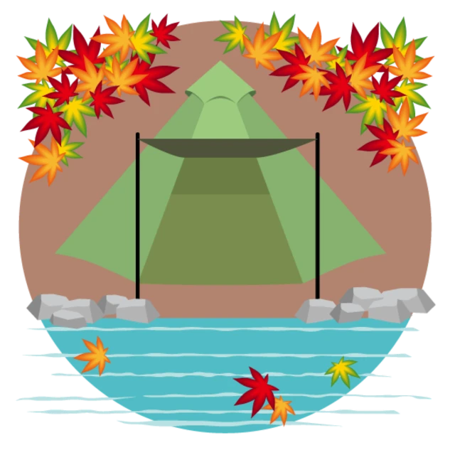 a tent in the middle of a lake surrounded by autumn leaves, an illustration of, sōsaku hanga, vectorized, !!highly detalied, diagram, screen cap