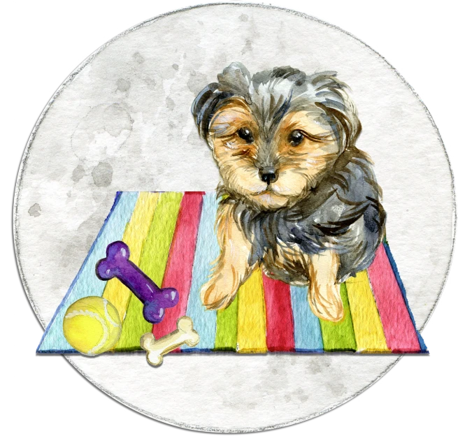 a small dog sitting on top of a colorful rug, an illustration of, by Elaine Hamilton, pixabay contest winner, in front of a full moon, yorkshire terrier, ink and watercolor illustration, painting on a badge