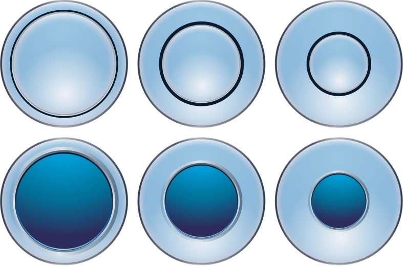 a set of blue buttons on a black background, inspired by Doug Ohlson, digital art, circular windows, high res photo, with gradients, pan and plates