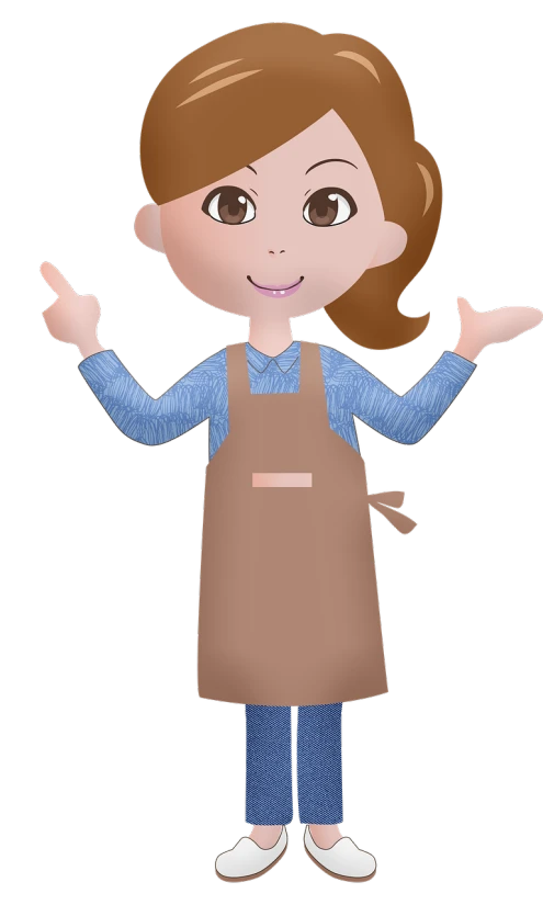 a woman in an apron with her hands out, a digital rendering, pixabay, naive art, cell shaded adult animation, little kid, leather apron, [[[[grinning evily]]]]