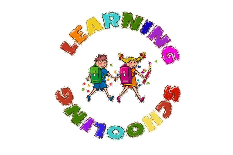 a drawing of two children holding hands in a circle, a cartoon, quito school, funny jumbled letters, language learning logo, gm, learning