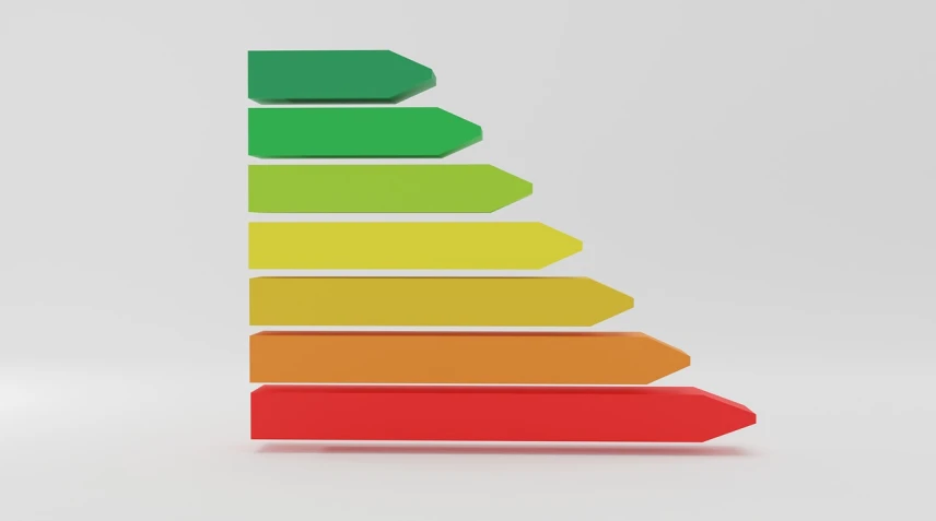 an energy efficiency chart on a white background, pexels, art deco, colorful plastic, steps, sharp edges. octane render, red flags