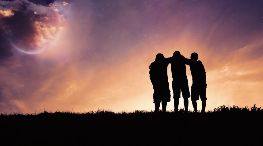 a group of people standing on top of a grass covered hillside, a picture, trending on pixabay, romanticism, holding onto a galaxy, brothers, silhouetted, plain background