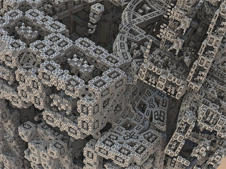 a black and white photo of a building made out of cubes, digital art, cg society contest winner, generative art, intricate mandelbulb fractal, intricate gears details, jagged blocks of stone, fine cyborg lace