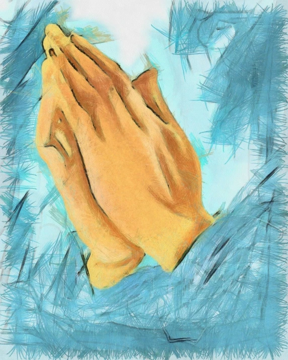 a painting of a person holding their hands together, a digital painting, inspired by Fra Angelico, shutterstock, fine art, yellow and blue and cyan, praying meditating, stock photo