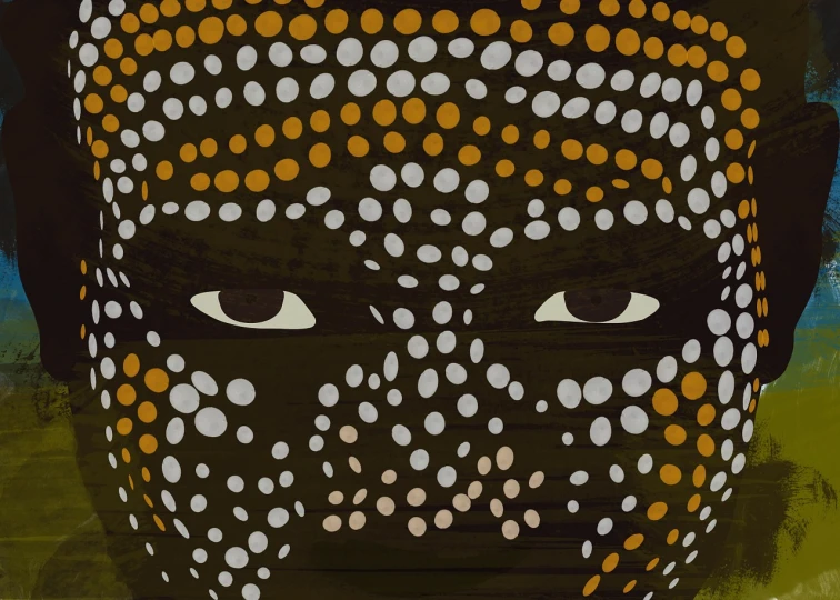 a close up of a painting of a person's face, by Yayoi Kusama, afrofuturism, west africa mask patterns style, brown, highresolution, an illustration