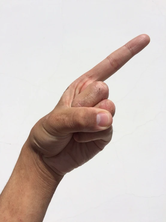 a close up of a person's hand with a finger up, figuration libre, extremely realistic photo, 3 2 - year - old man, photo taken in 2018, white backround