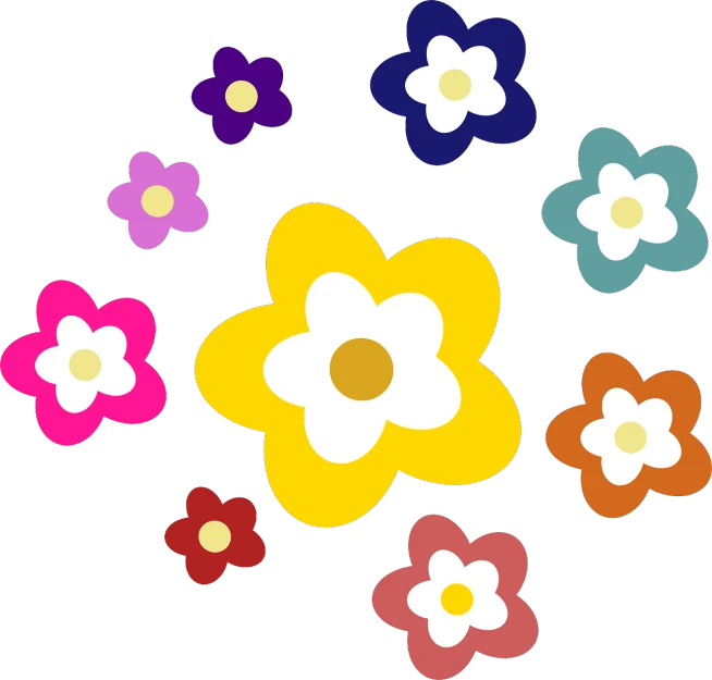 a bunch of different colored flowers on a black background, inspired by Murakami, cutie mark, clipart, :3, polished : :