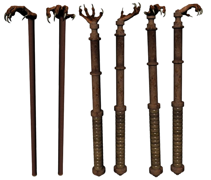 a bunch of walking sticks sitting next to each other, trending on polycount, dau-al-set, with damaged rusty arms, front back view and side view, r/morrowind, dragon claws