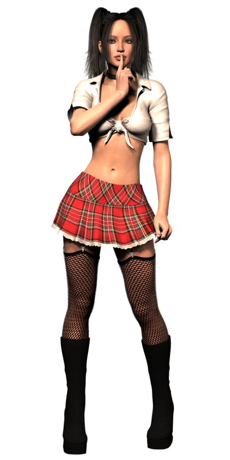 a woman in a short skirt posing for a picture, a 3D render, inspired by Alison Kinnaird, fishnets and a long tartan skirt, charmed sexy look, ( ( ( ( 3 d render ) ) ) ), dressed as schoolgirl